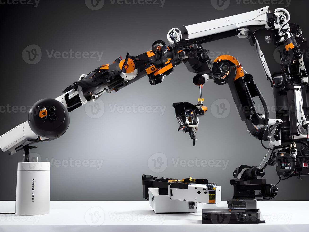 Modern High Tech Industrial Robotic arm on the factory production line production line is being welded. . photo