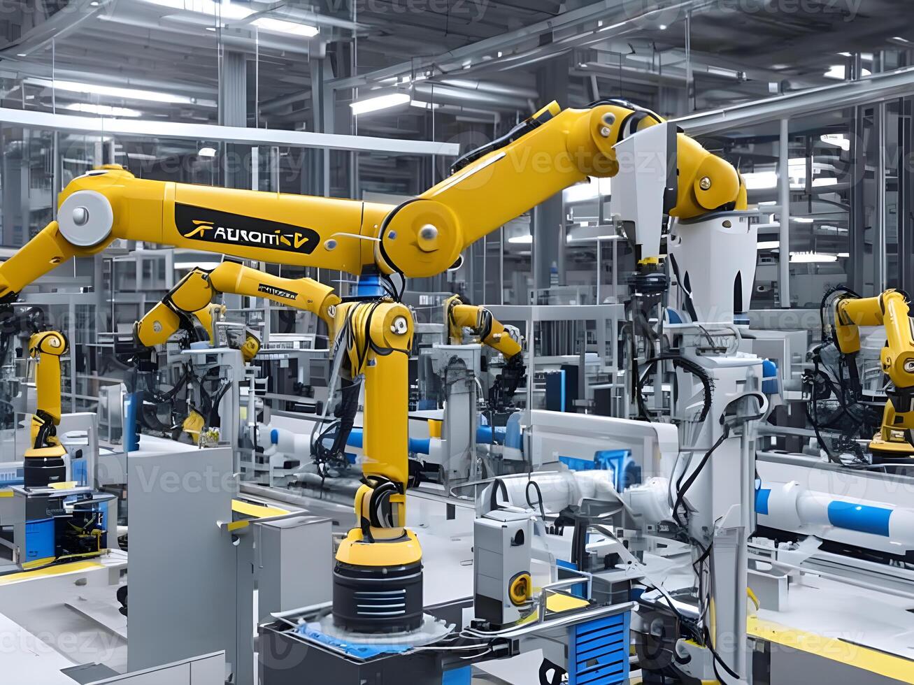 Modern High Tech Industrial Robotic arm on the factory production line production line is being welded. . photo