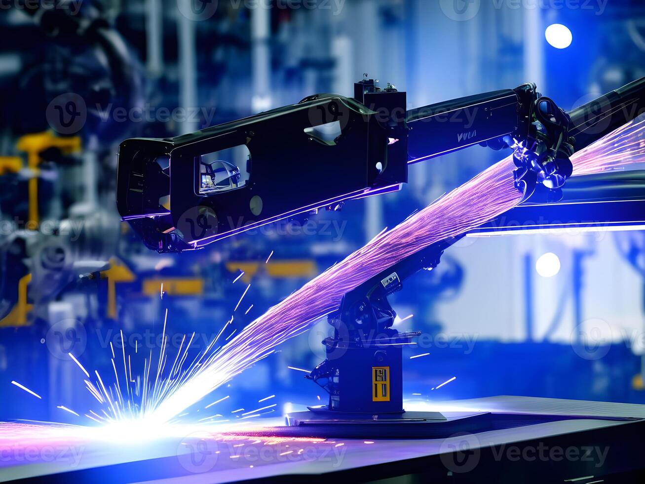 Modern High Tech Industrial Robotic arm on the factory production line production line is being welded. . photo