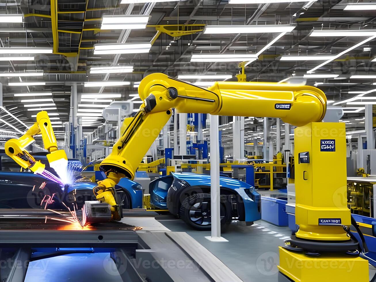 Modern High Tech Industrial Robotic arm on the factory production line production line is being welded. . photo