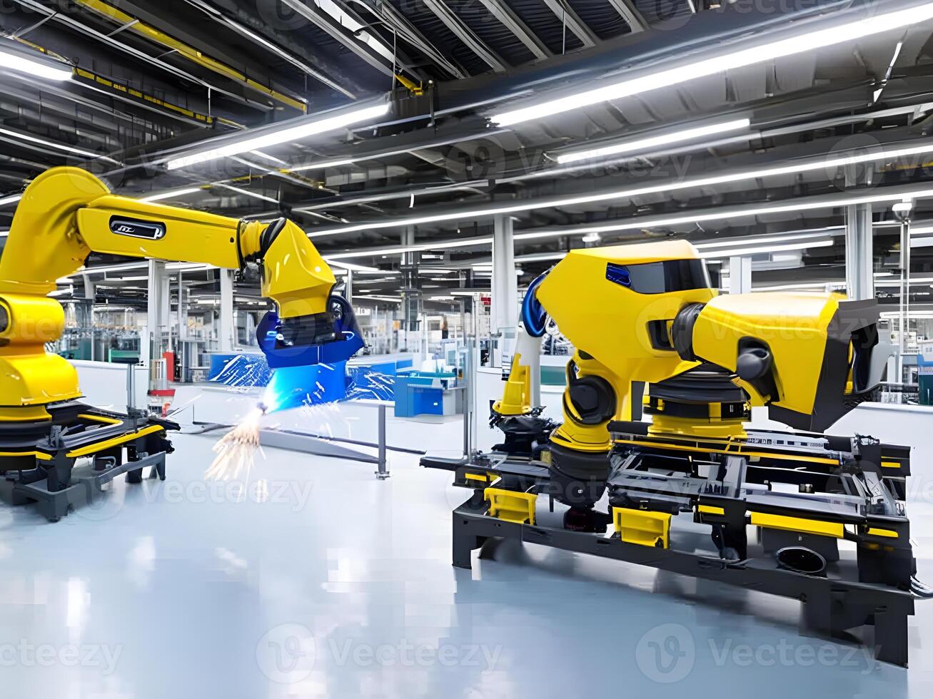 Modern High Tech Industrial Robotic arm on the factory production line production line is being welded. . photo