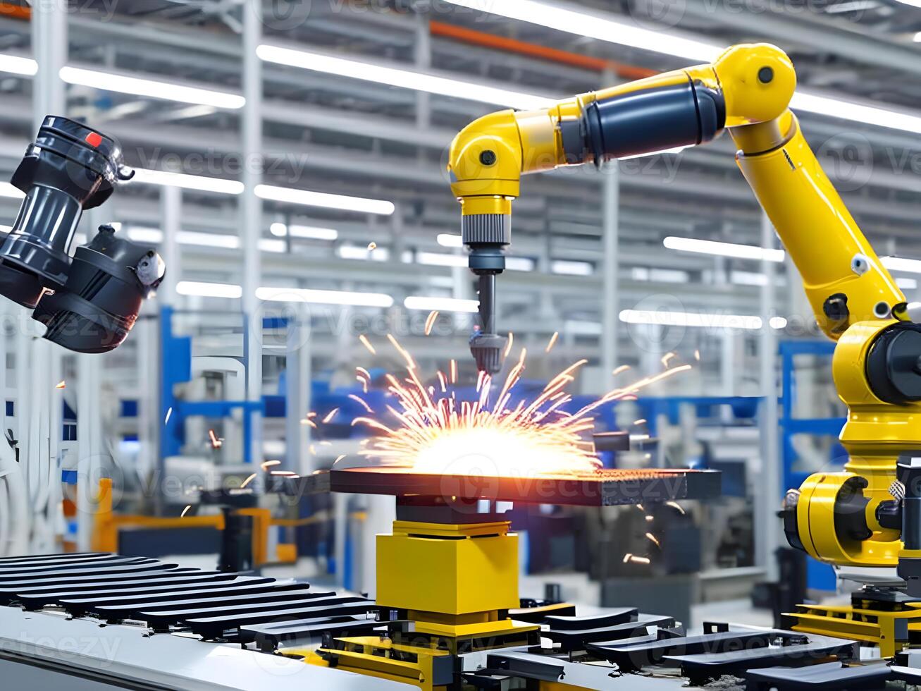 Modern High Tech Industrial Robotic arm on the factory production line production line is being welded. . photo
