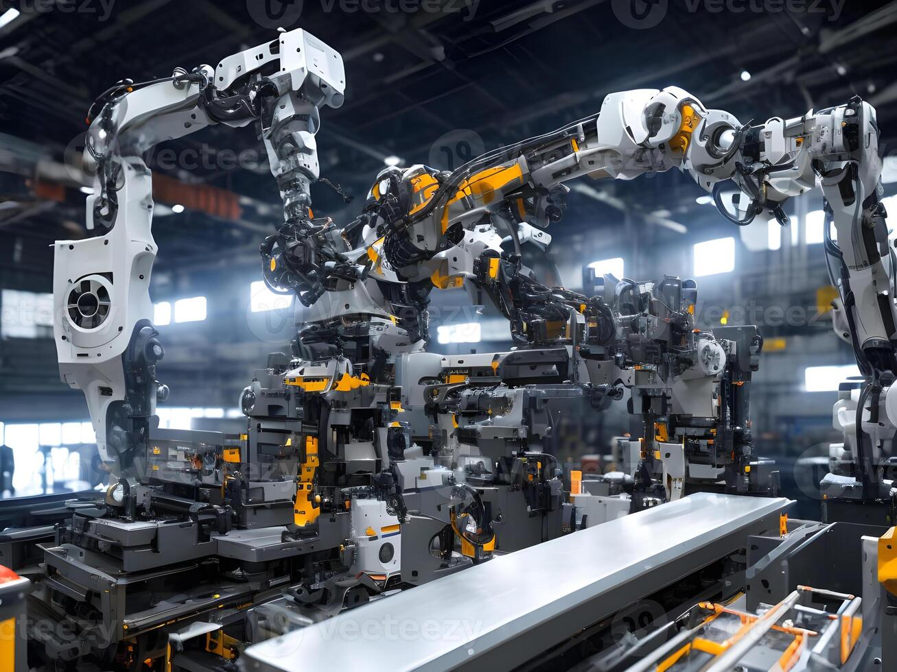 Modern High Tech Industrial Robotic arm on the factory production line production line is being welded. . photo