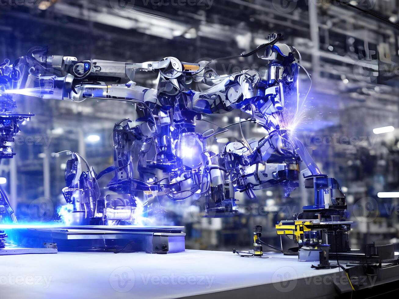 Modern High Tech Industrial Robotic arm on the factory production line production line is being welded. . photo