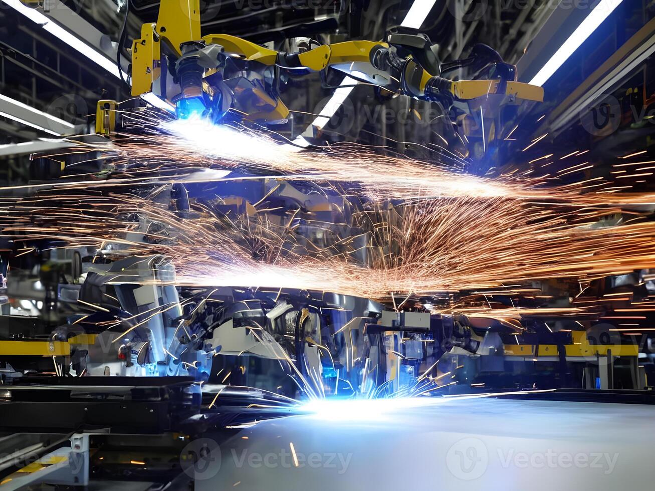 Modern High Tech Industrial Robotic arm on the factory production line production line is being welded. . photo