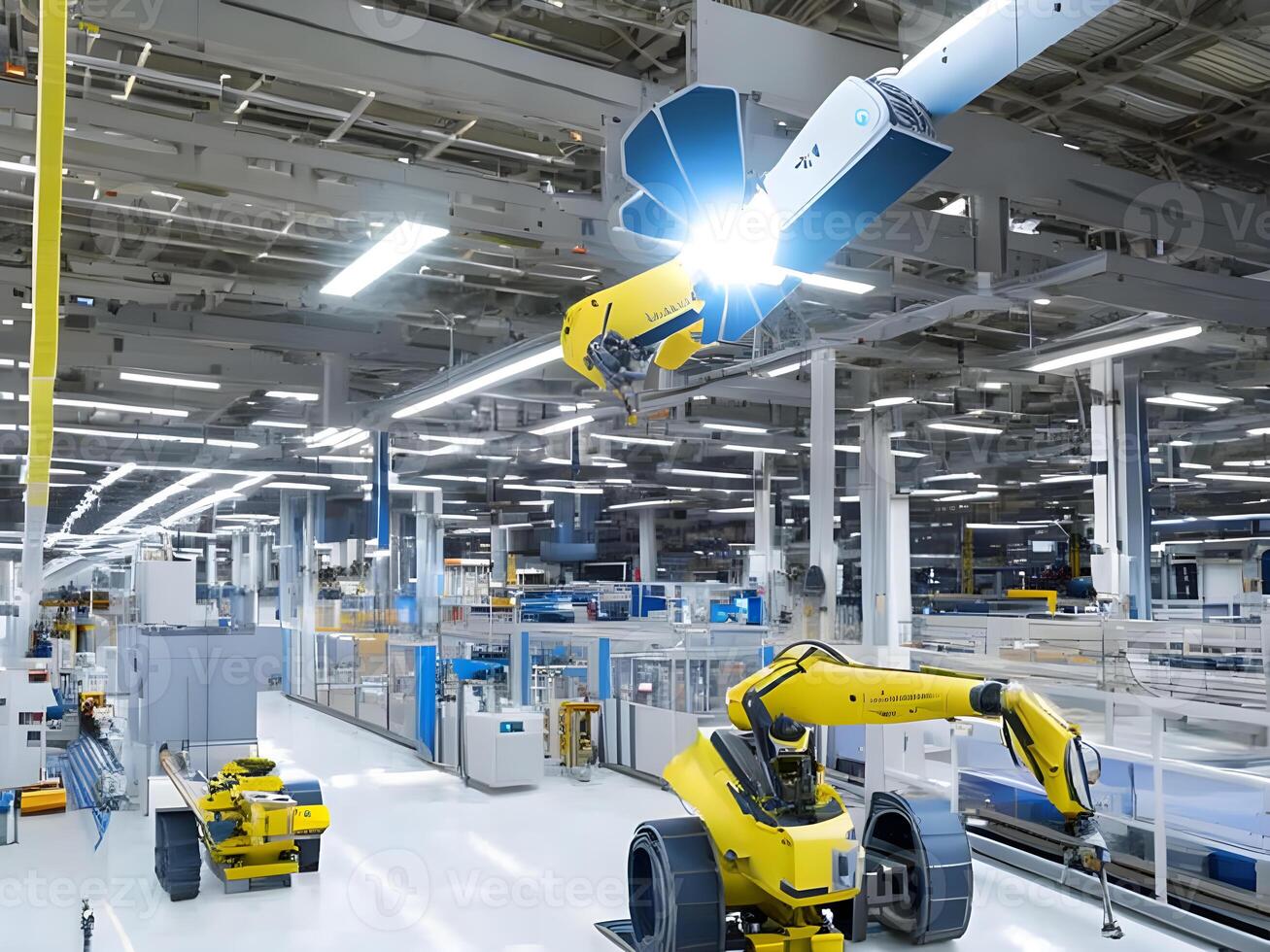 Modern High Tech Industrial Robotic arm on the factory production line production line is being welded. . photo