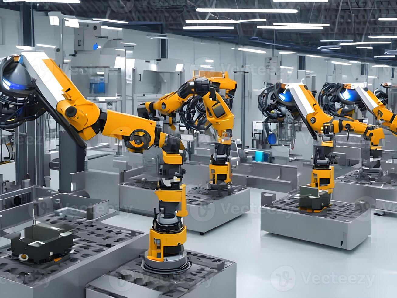 Modern High Tech Industrial Robotic arm on the factory production line production line is being welded. . photo