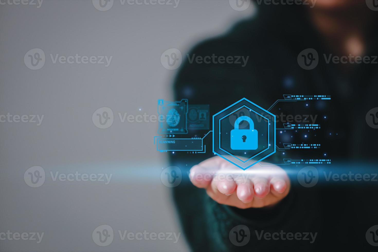Cybersecurity and privacy and protect data concept. lock key icon and internet network security technology. Businessman protecting personal data on smartphone, virtual screen interfaces. photo