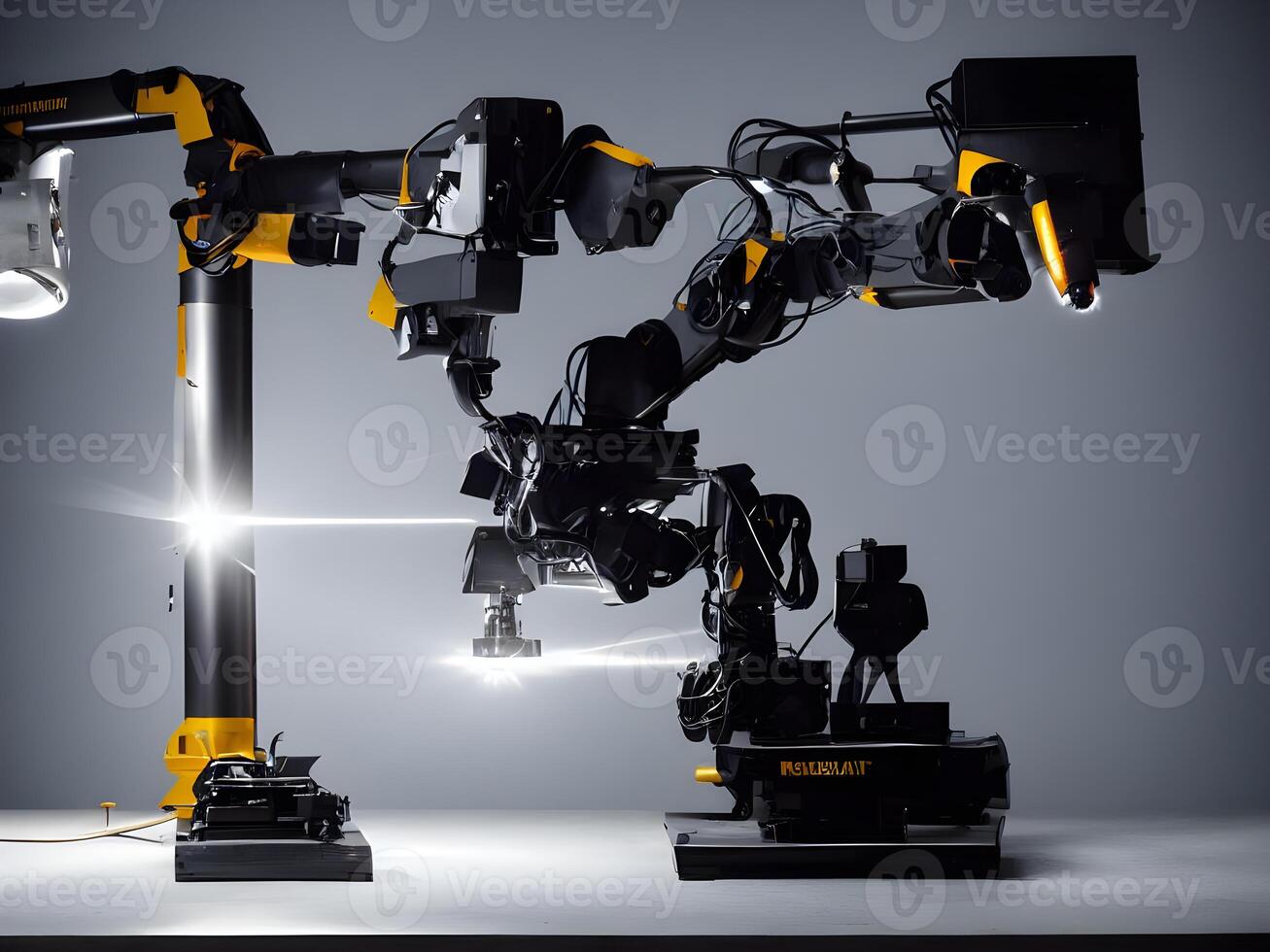 Modern High Tech Industrial Robotic arm on the factory production line production line is being welded. . photo