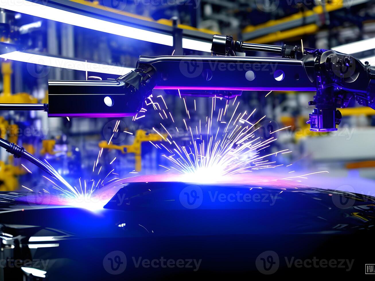 Modern High Tech Industrial Robotic arm on the factory production line production line is being welded. . photo