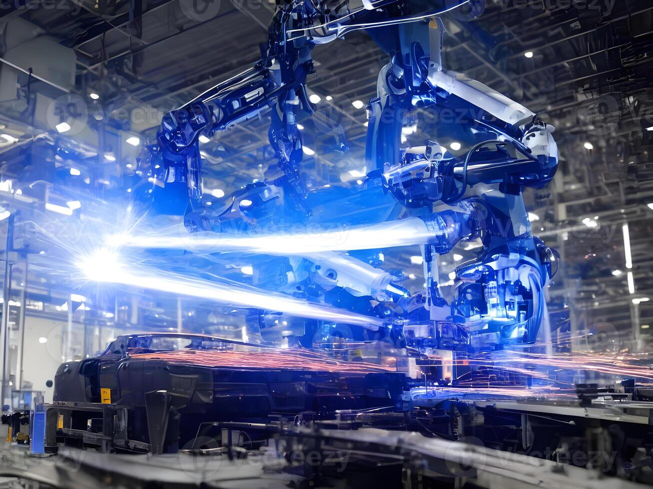 Modern High Tech Industrial Robotic arm on the factory production line production line is being welded. . photo