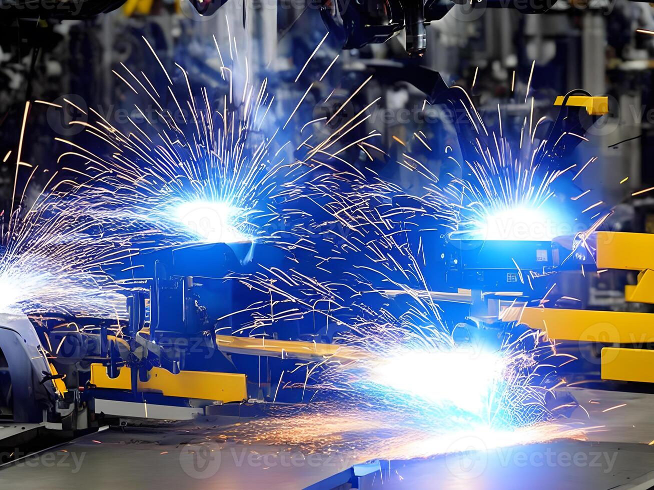 Modern High Tech Industrial Robotic arm on the factory production line production line is being welded. . photo