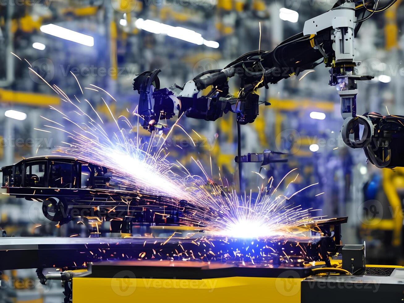 Modern High Tech Industrial Robotic arm on the factory production line production line is being welded. . photo