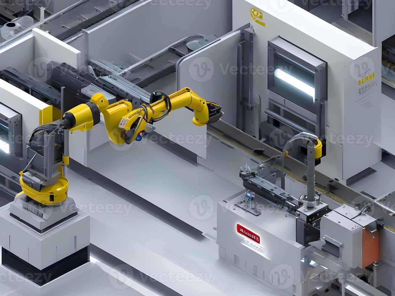 Modern High Tech Industrial Robotic arm on the factory production line production line is being welded. . photo