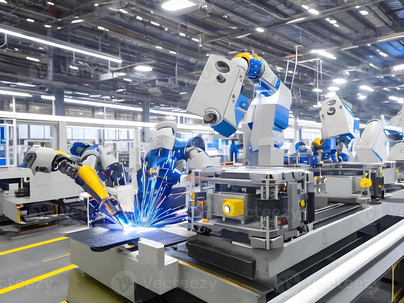 Modern High Tech Industrial Robotic arm on the factory production line production line is being welded. . photo