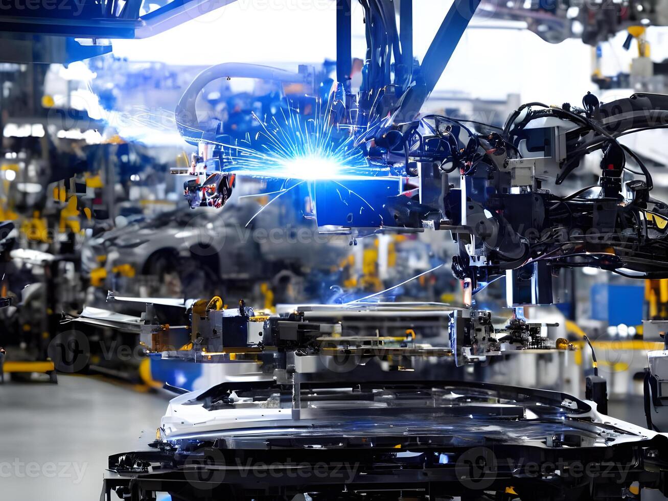 Modern High Tech Industrial Robotic arm on the factory production line production line is being welded. . photo