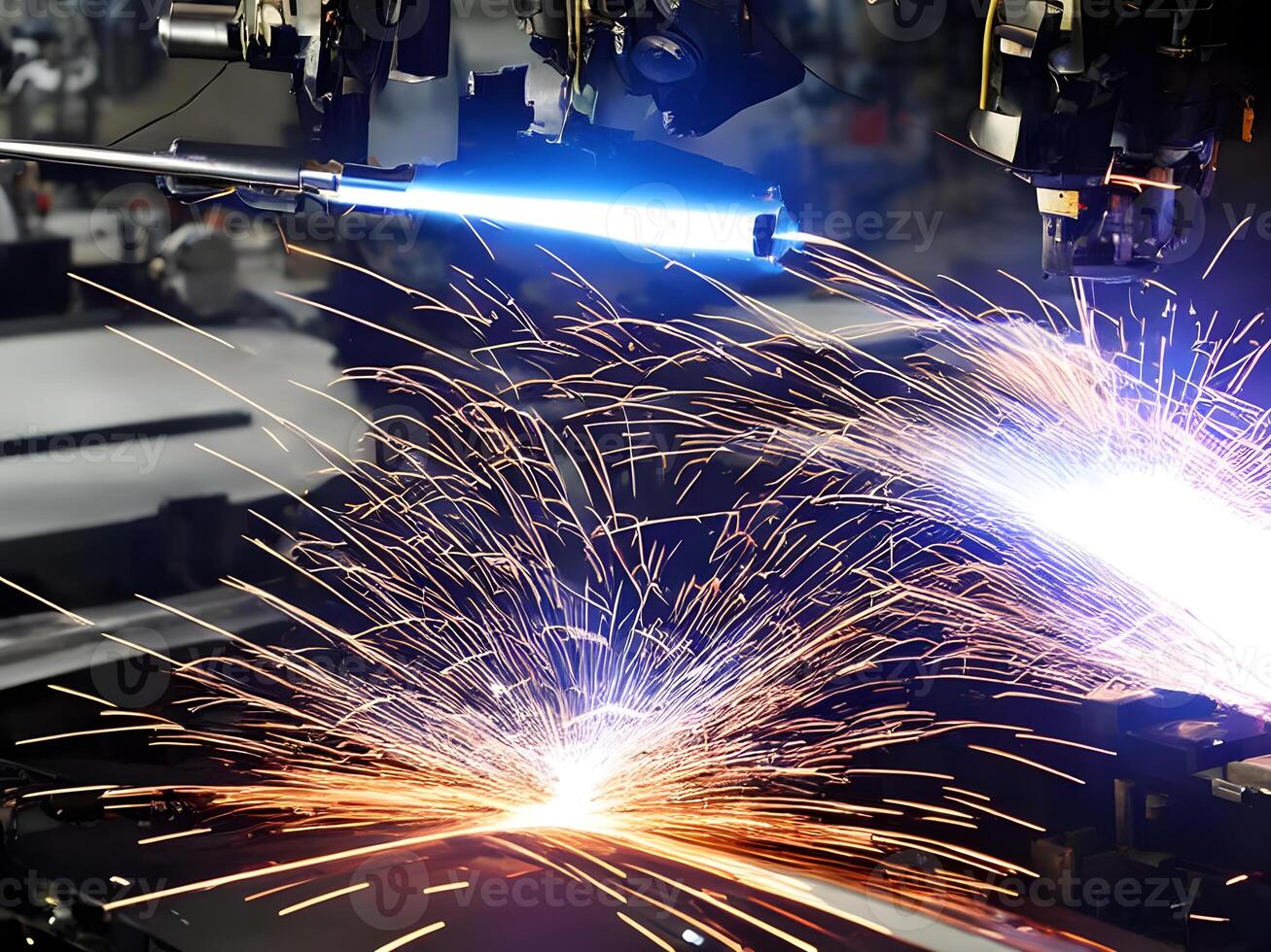 Modern High Tech Industrial Robotic arm on the factory production line production line is being welded. . photo