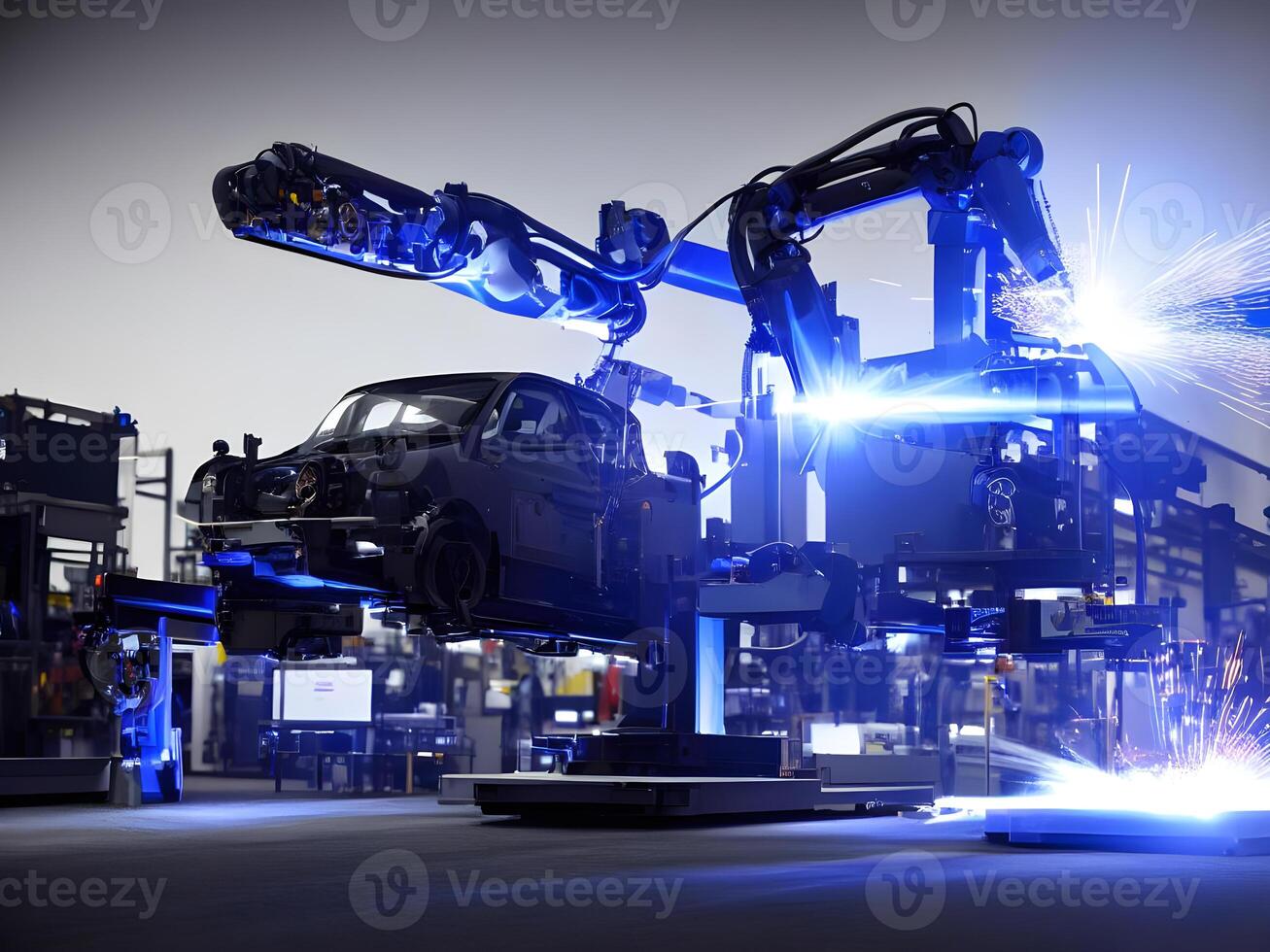 Modern High Tech Industrial Robotic arm on the factory production line production line is being welded. . photo