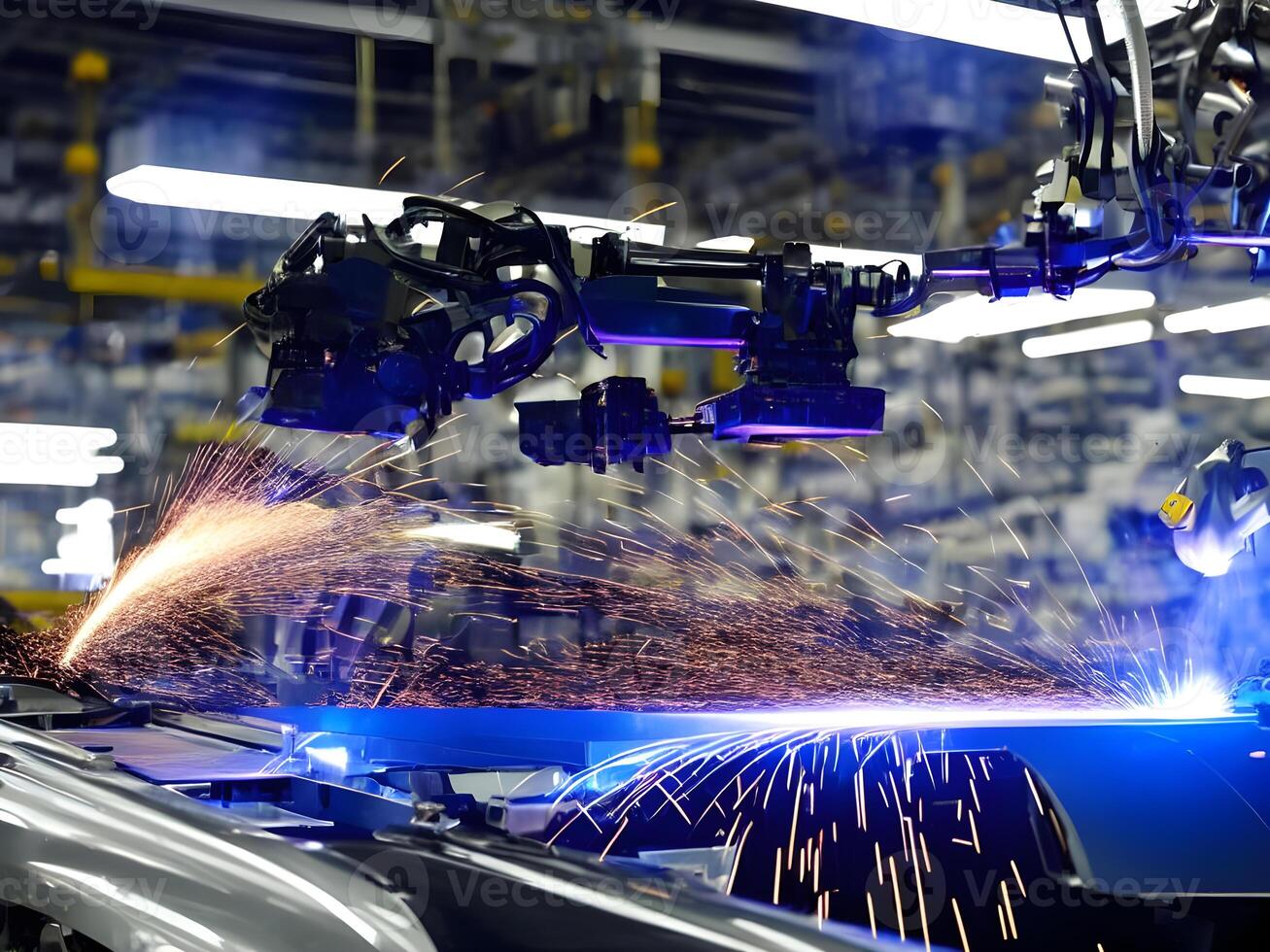 Modern High Tech Industrial Robotic arm on the factory production line production line is being welded. . photo