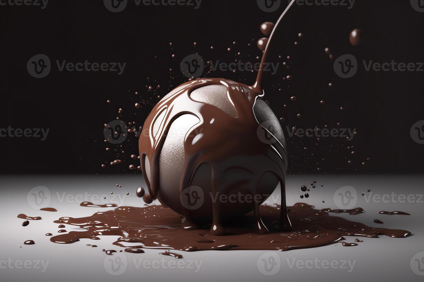 A White Illustration Of Melted Dark Chocolate Pouring Onto A Sphere And Ground Plane In 3d Rendering. photo