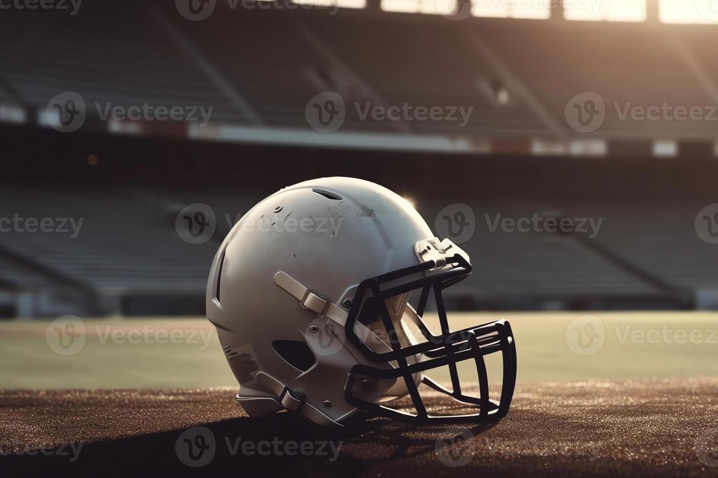 American football helmet on stadium field background. photo