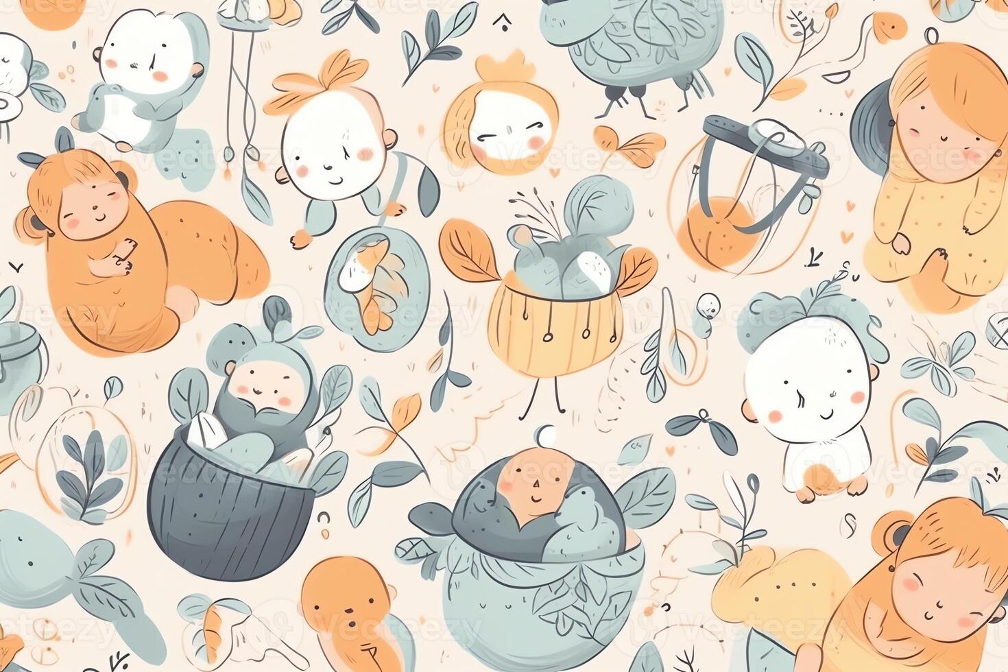 A seamless pattern with lovely hand drawn baby illustrations and est paintings. photo
