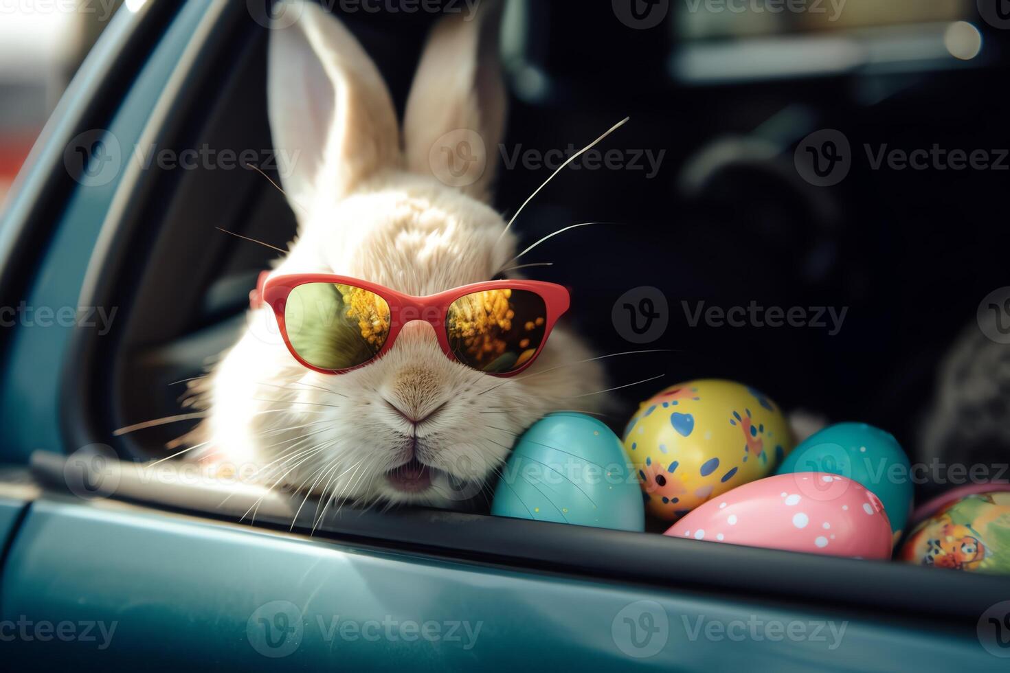 Easter Bunny With Shades Peeking Out Of Eggfilled Car. photo