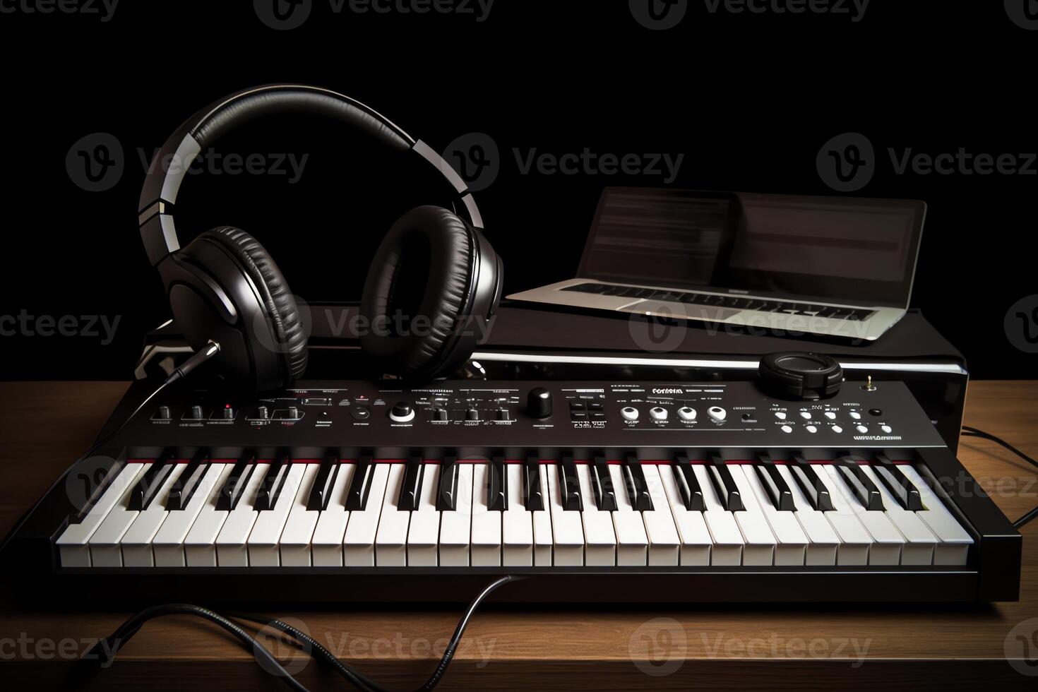 Musical instruments include acoustic or digital instruments and black and white piano keys keyboard. photo