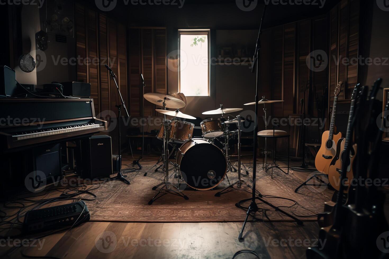 etapa instrumentos en un música grabación estudio. ai generado foto