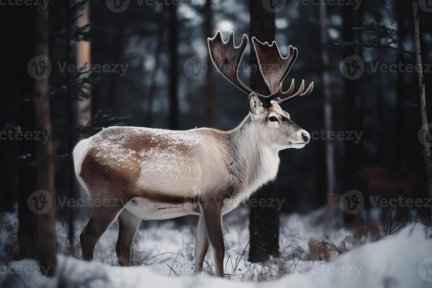 Beautiful reindeer standing in dark snowy forest clearing Christmas holiday photo