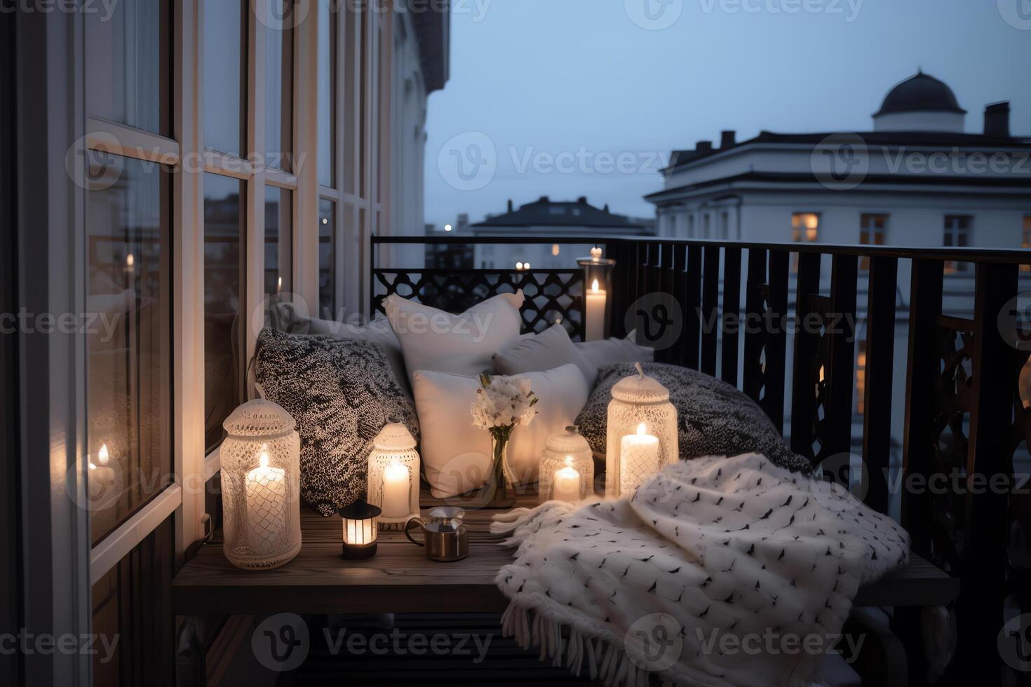 Balcony Design Cute Pillows Decorative Candles And Lighting With Com And Table Armchairs photo