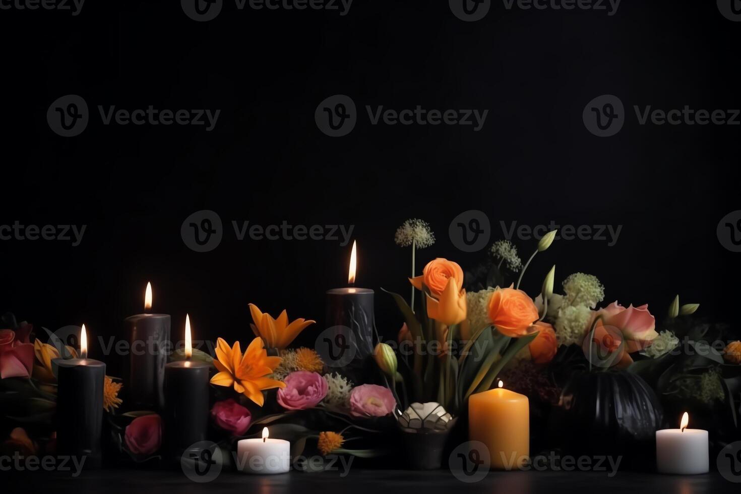 Funeral Concept With Candles Flowers Black Background And Text Space photo