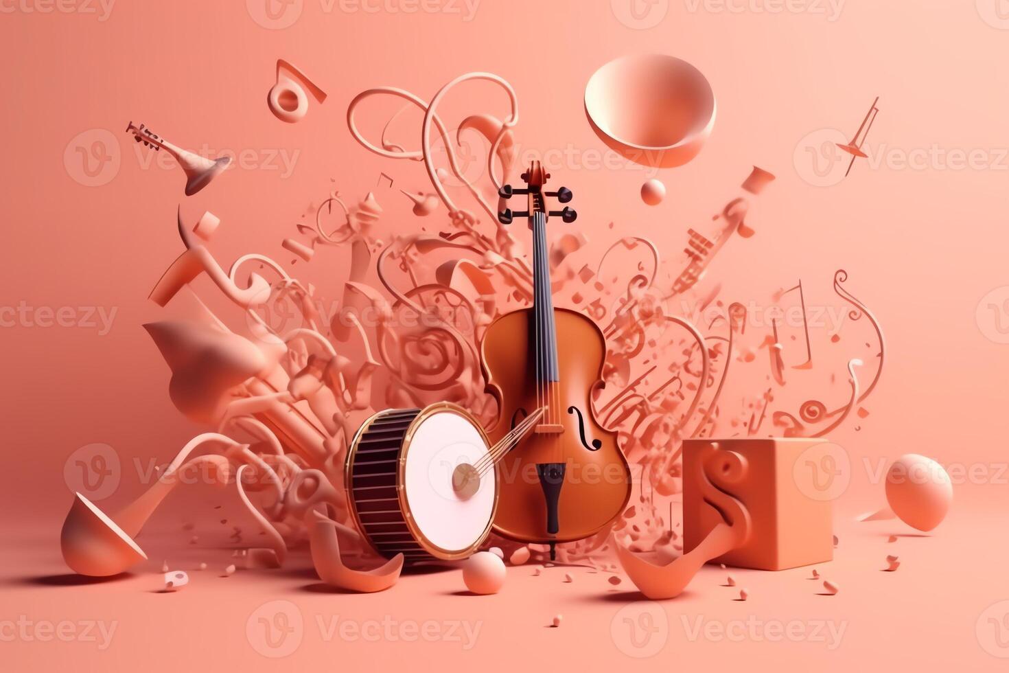3D rendered illustration of musical instruments and flying music notes isolated on a pink background. photo