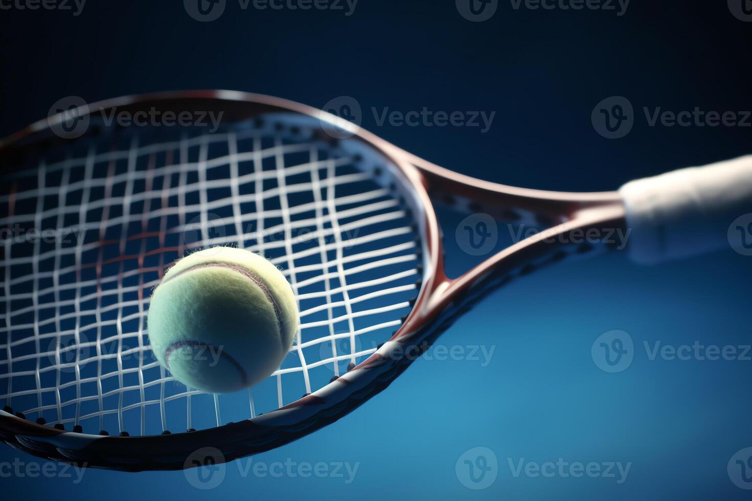 A 3D rendering of a tennis racket striking a tennis ball on a blue background in closeup. photo