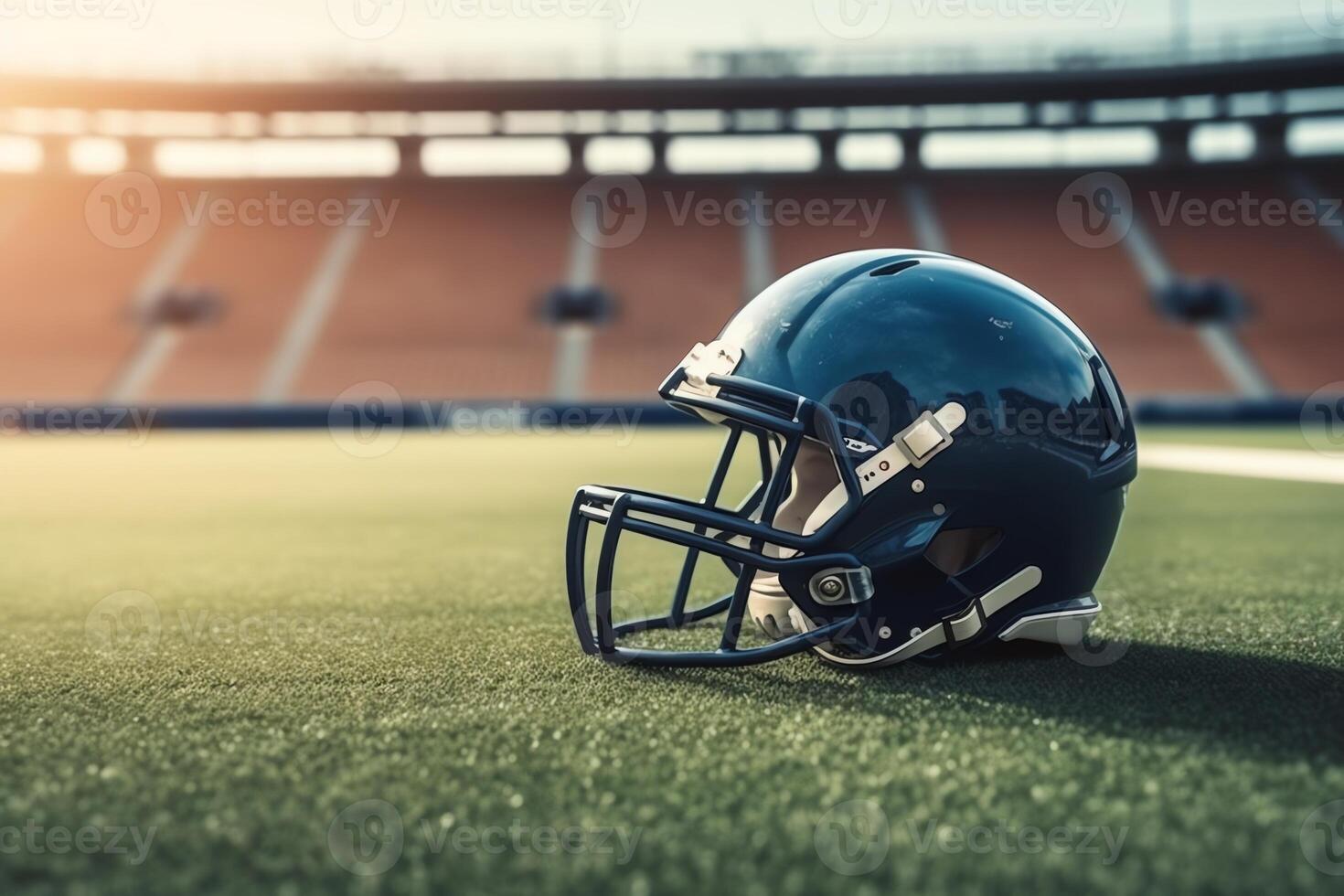 American football helmet on stadium field background. photo