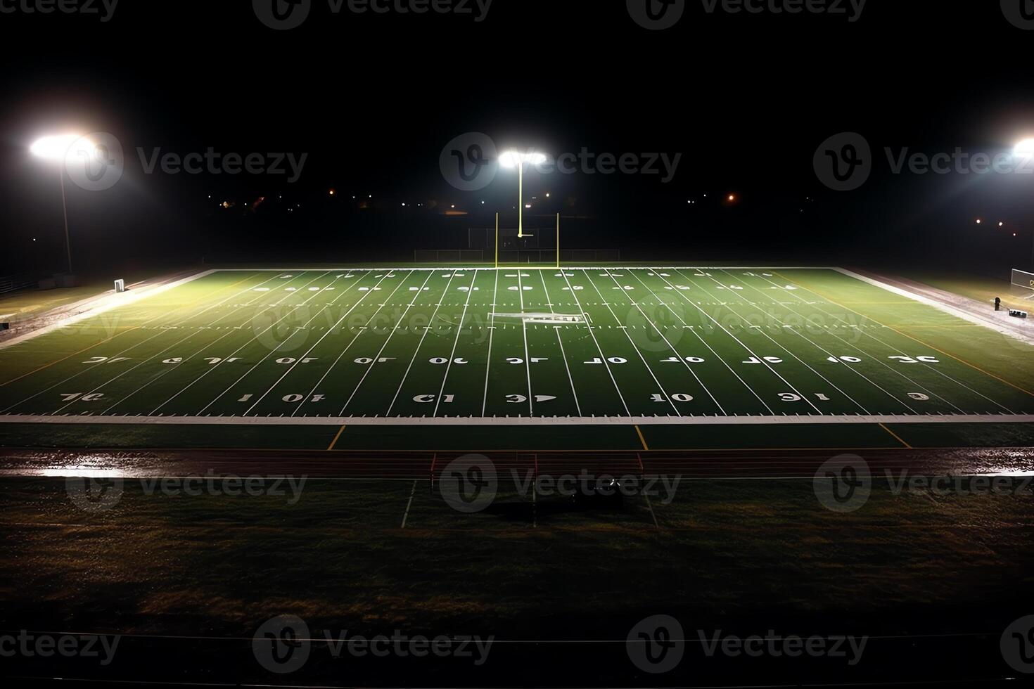 iluminado fútbol americano campo todas noche. ai generado foto