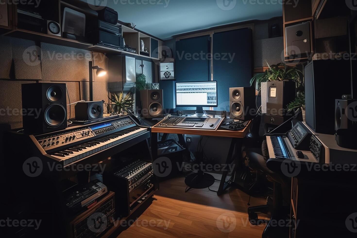 Home recording studio equipped with instruments microphones mixing equipment and audio mastering technology. photo