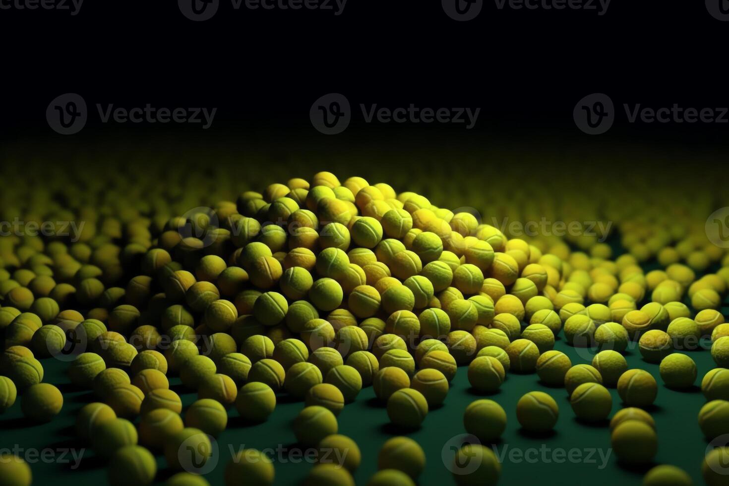 Panoramic view of tennis balls pile in 3D. photo