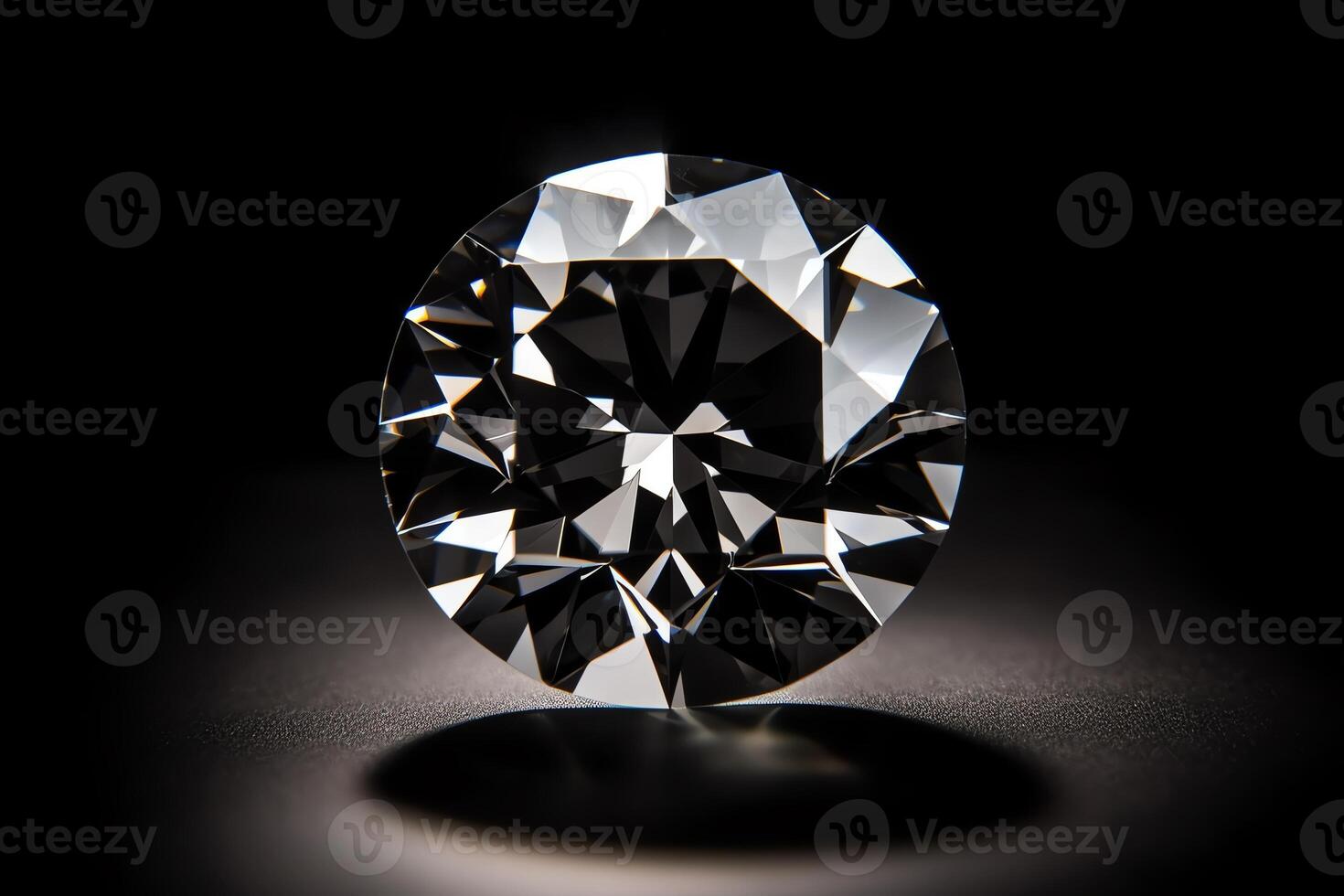 Round Cut Diamond On Glossy Black Background With Shadows photo