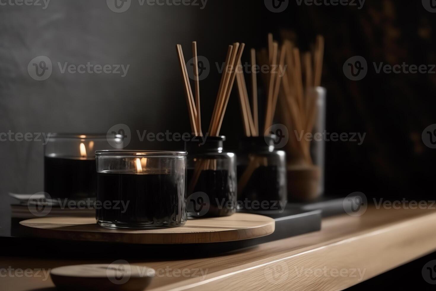 A Mockup Of Aromatherapy Black Scented Candles With Aroma Reed Diffuser Displayed On A Wooden Shelf photo