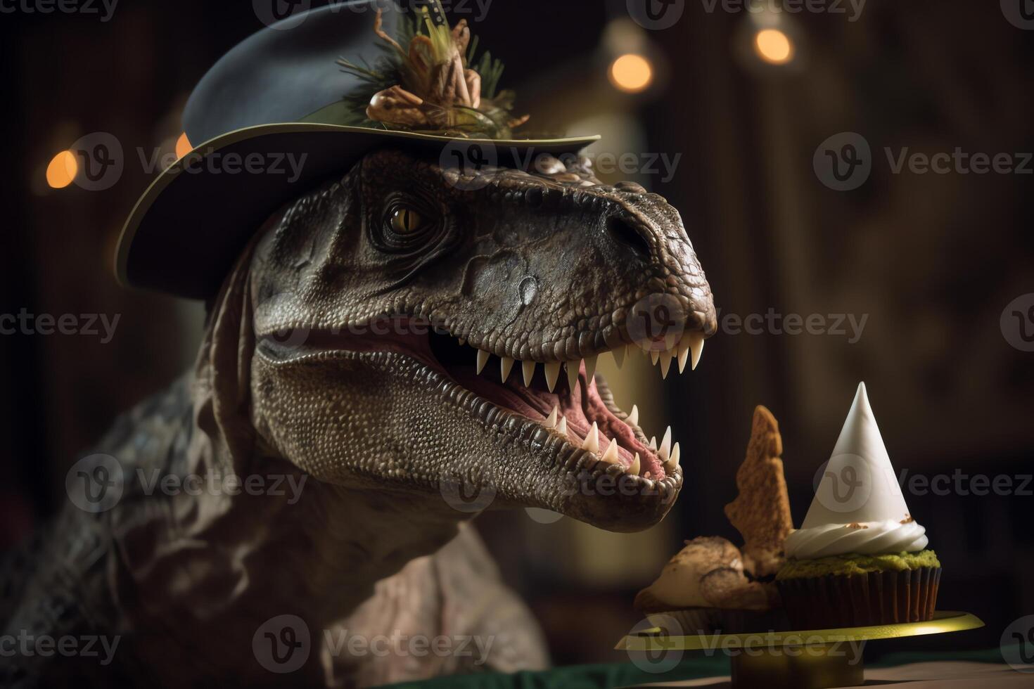 cumpleaños fiesta retrato de t rex con sombrero y pastel ai generado foto