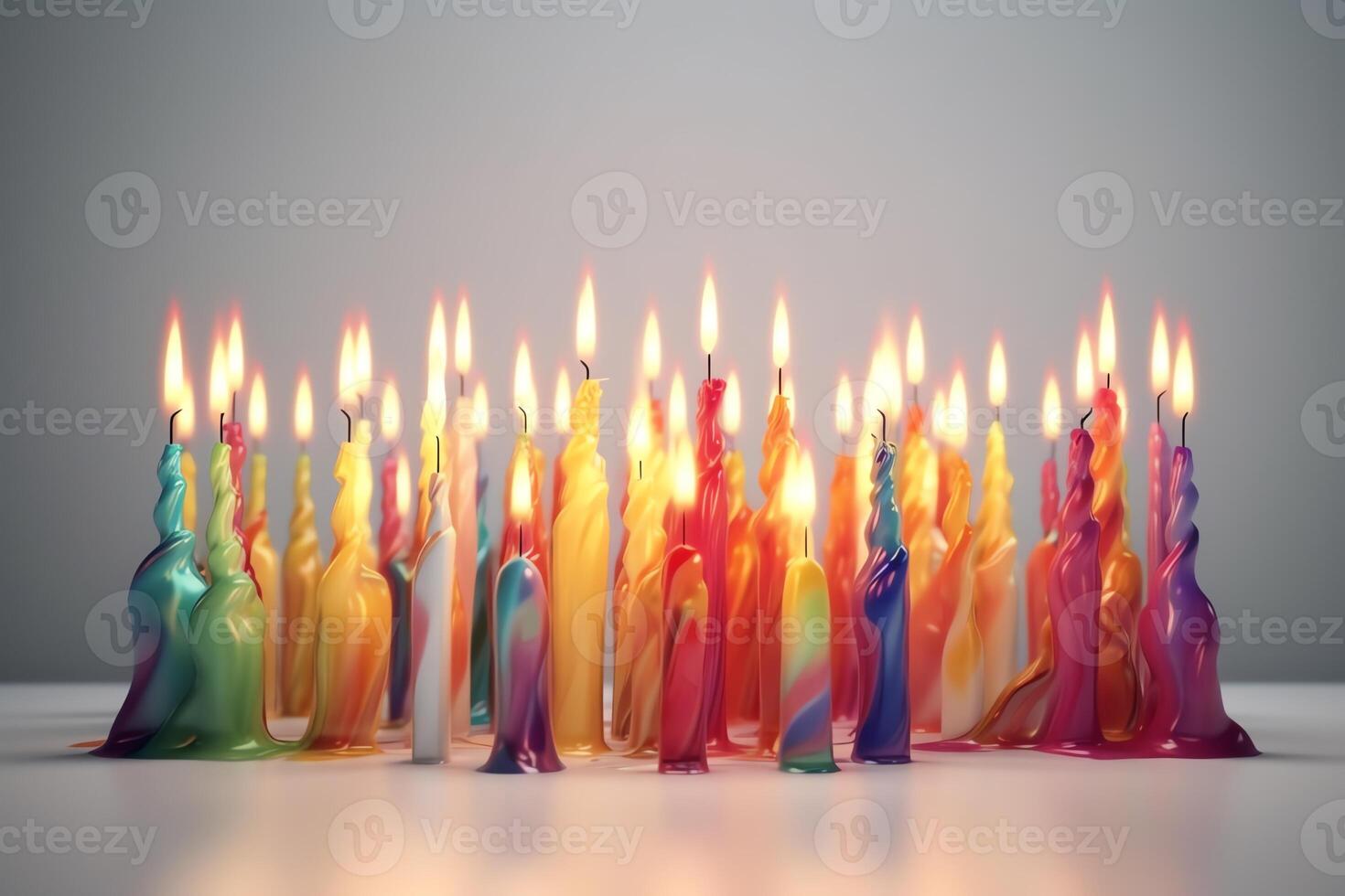 3d prestados cumpleaños velas en blanco antecedentes con multicolor y iluminado fuego efecto ai generado foto