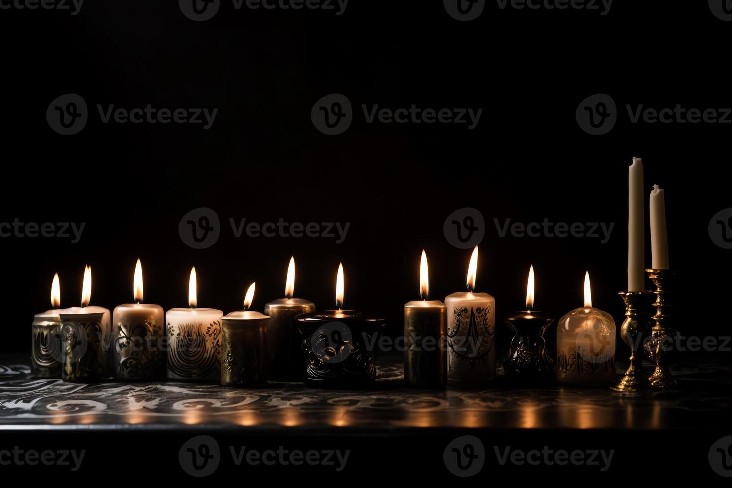 A Row Of Lit Candles On A Table Against A Black Backdrop With Curtain photo
