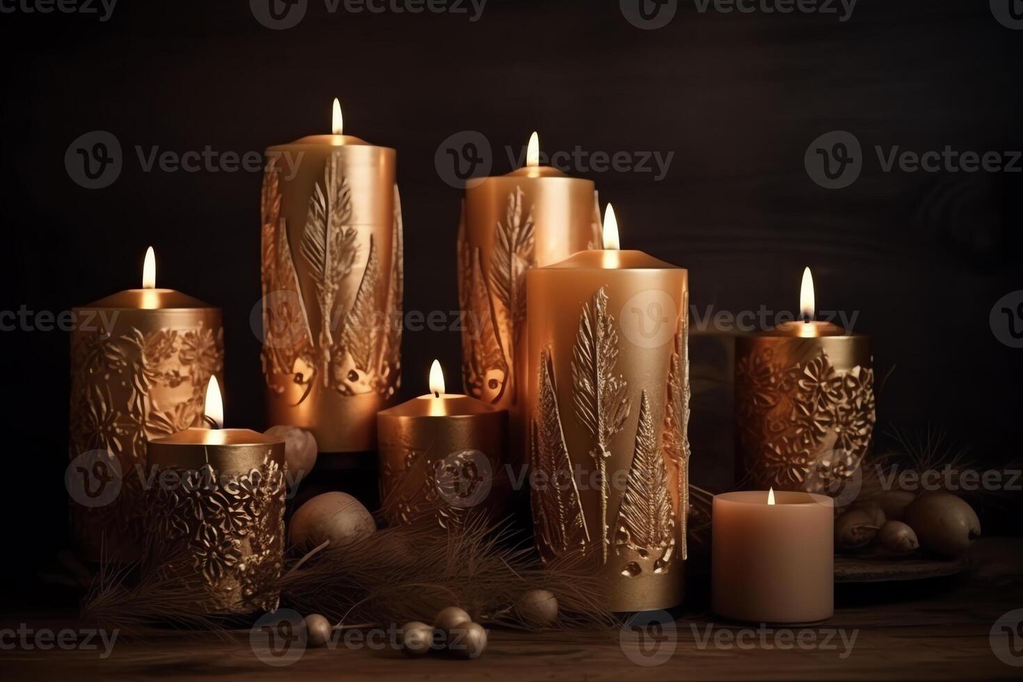 dorado decorado velas en de madera mesa ai generado foto