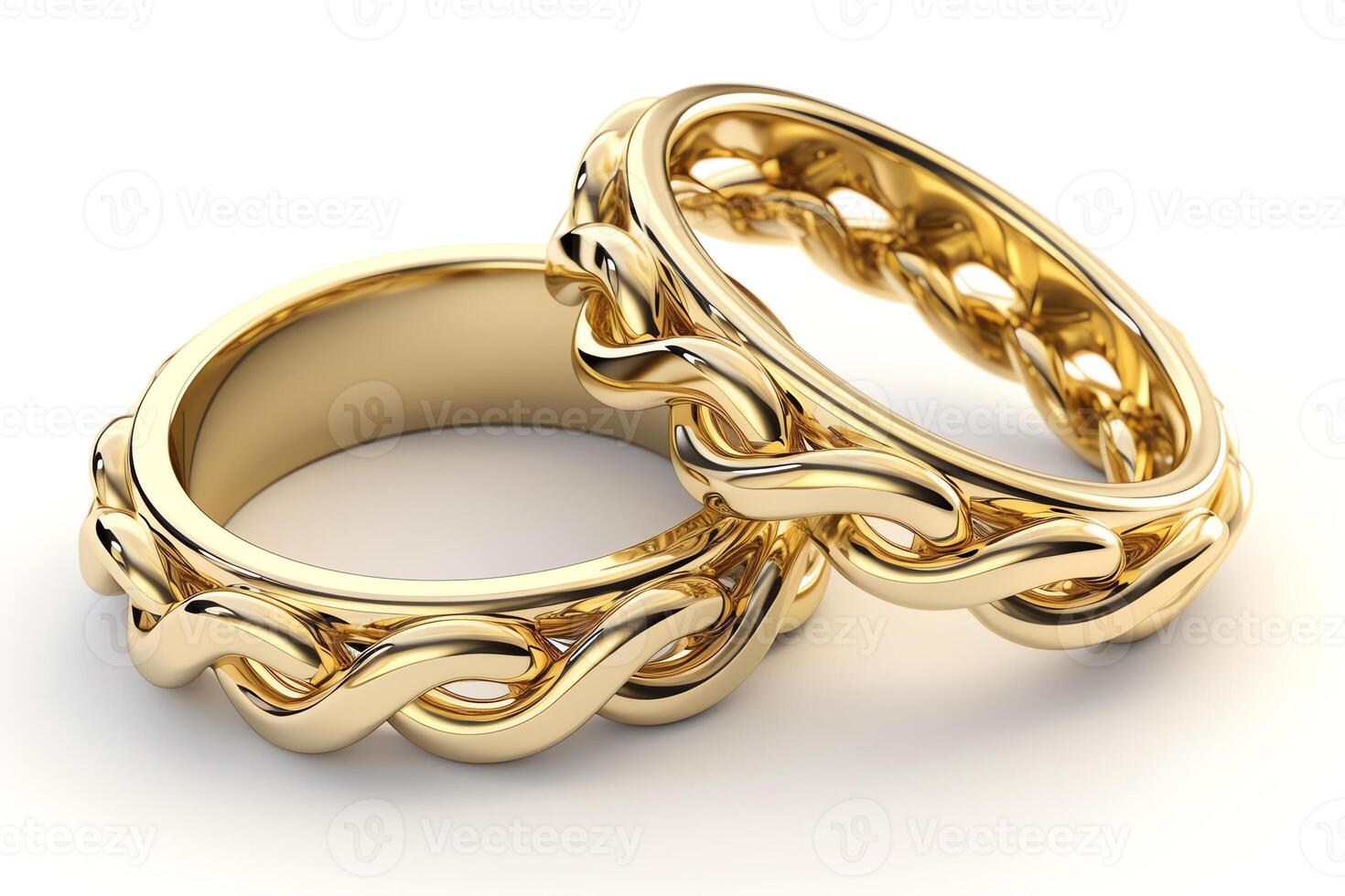 2 oro Boda anillos vinculado me gusta cadenas en 3d representación en un blanco antecedentes ai generado foto