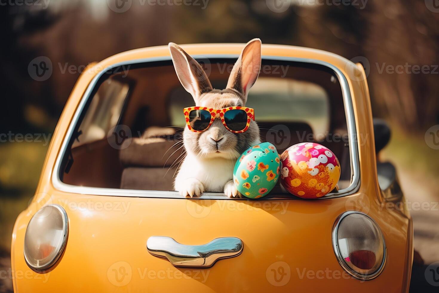 Easter Bunny In Shades Driving An Eggfilled Car And Spreading Joy. photo