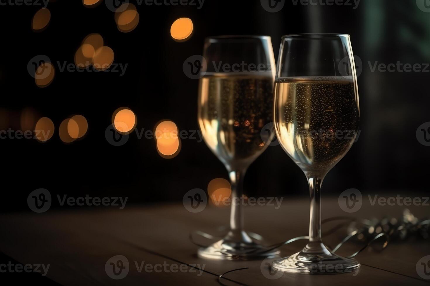 dos champanes nuevo año borroso luces. ai generado foto