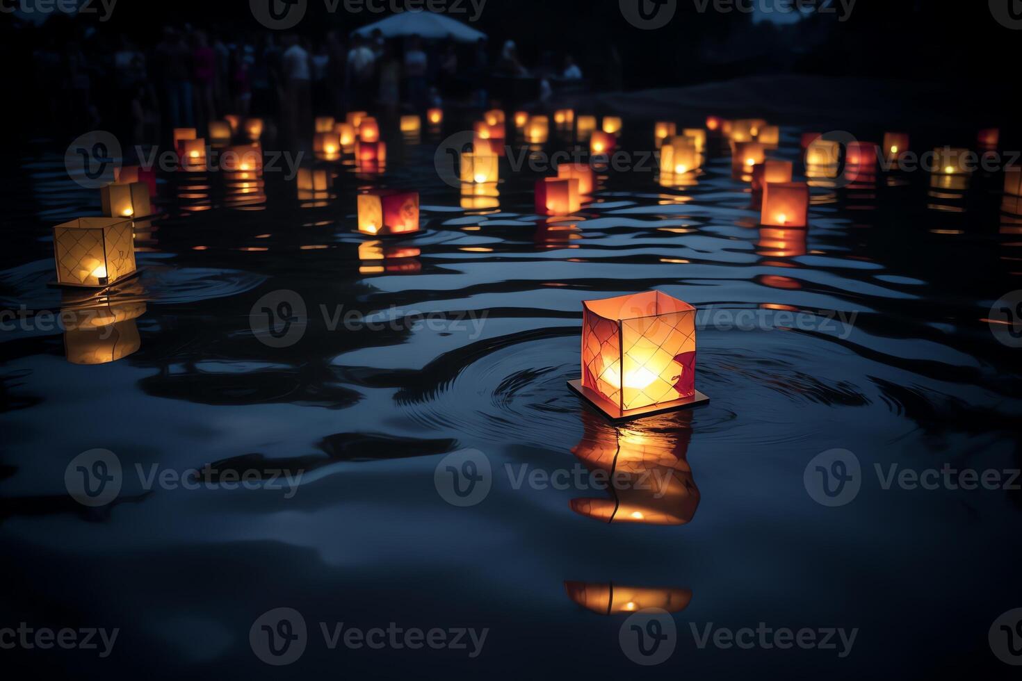 flotante linternas en oscuro agua ai generado foto