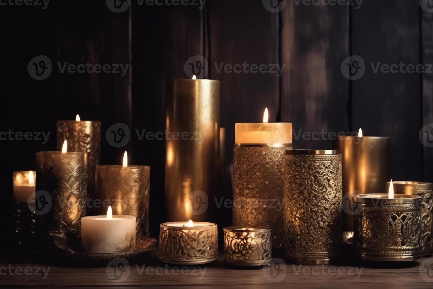 Golden Decorated Candles On Wooden Table photo