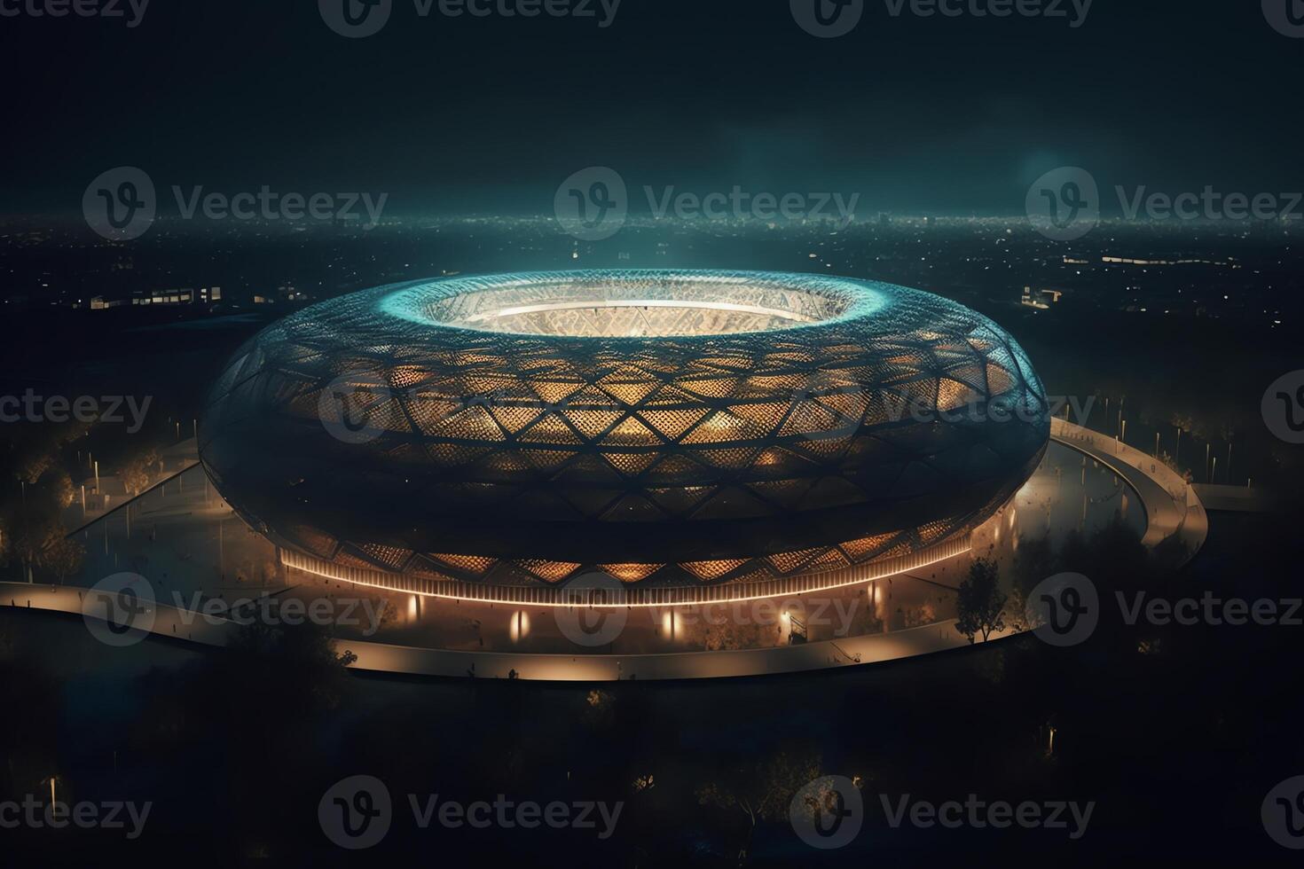 An imaginary football stadium is modelled and rendered at night. photo